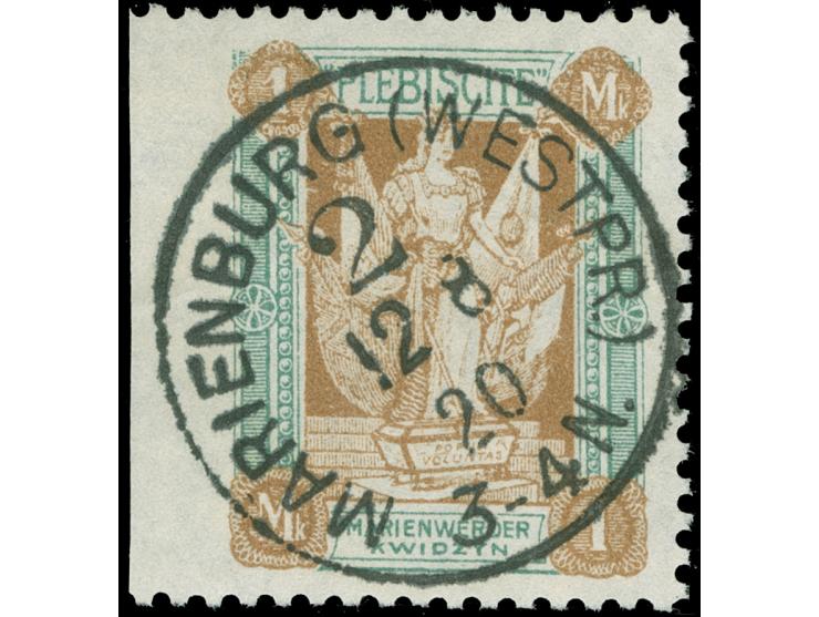 1920, 2. Mailänder Ausgabe 1 M. dunkelgrün/orangebraun, linkes Seitenrandstück, dort ungezähnt, sauber gestempelt “MARIENBURG