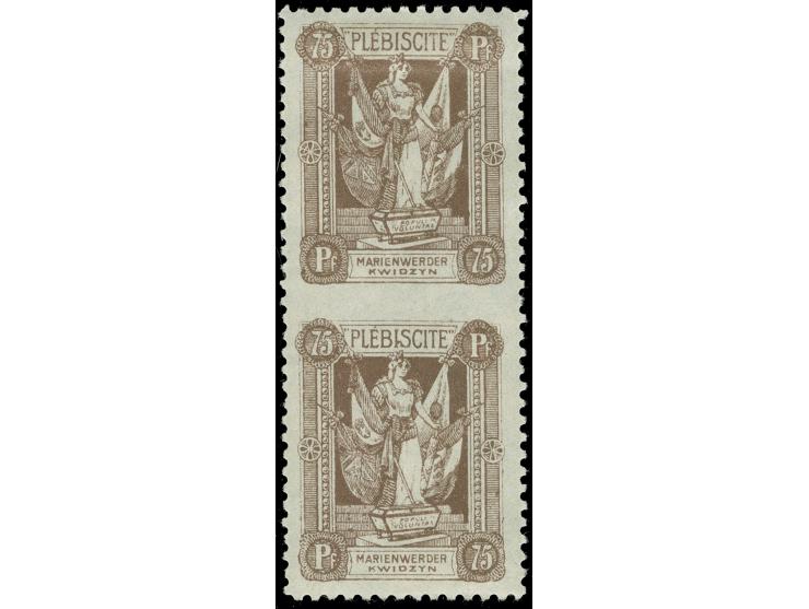 1920, 2. Mailänder Ausgabe 75 Pfg. schwärzlichrötlichbraun, senkrechtes Paar, Mitte ungezähnt, sauber ungebraucht, tadellos, 