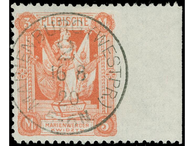 1920, 2. Mailänder Ausgabe 3 M. dunkelzinnober, rechtes Seitenrandstück, dort ungezähnt, sauber gestempelt “MARIENBURG (WESTP