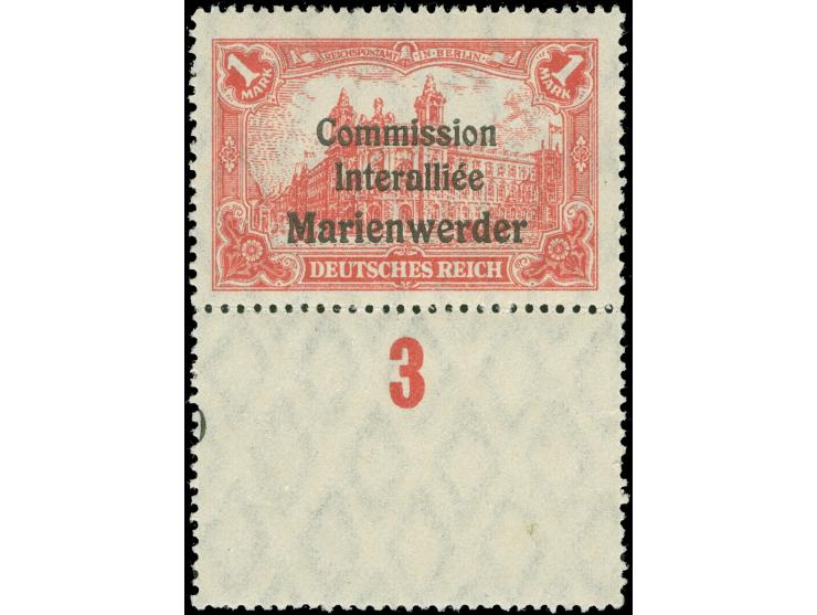 1920, Germania 1 M. dunkelrosa, Unterrandstück mit allseits durchgezähntem Bogenrand in Markengröße, postfrisch, kleiner Flec