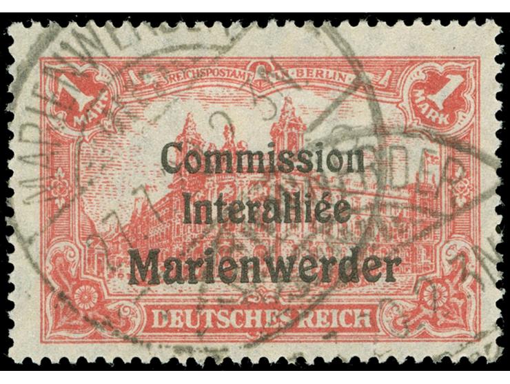 1920, Germania 1 M. dunkelrosa, mit Plattenfehler “untere Hälfte des ersten E in Deutsches bogenförmig geschlossen” (Feld 26,