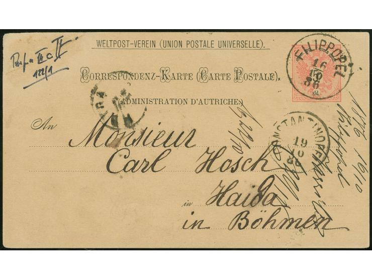 1886, Ganzsache 5 soldi klarer Stempel Filippopel 16.10.86, Durchgangsstempel Constantinopel 19.10.86, Ankunftsstempel Haida 