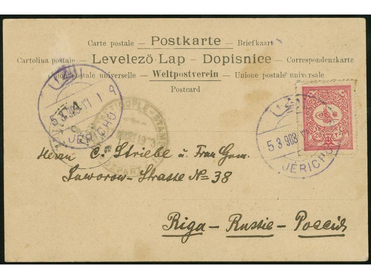 1903, picture postcard of Jericho ‘Hotel Jordan’ franked 20 pa rose tied by violet bilingual JERICHO 5.3.903 cds., alongside 