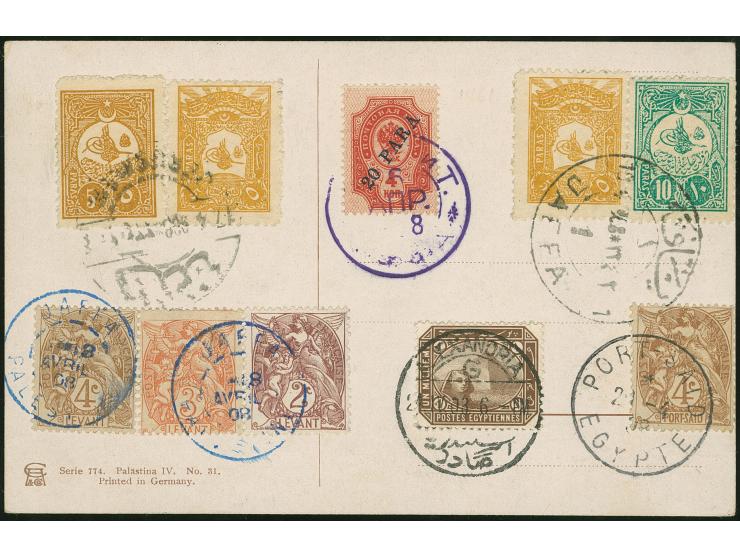 1908, Jericho picture postcard franked with Ottoman, French Levant, Port Said and Egypt adhesives cancelled Jaffa, Jerusalem,