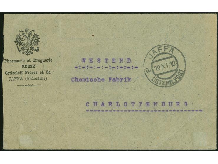 1910, ‘Pharmacies et Droguerie RUSSE Grdseloff Freres Jaffa Palestine’ imprint envelope bearing on reverse 1 Pia. blue tied b