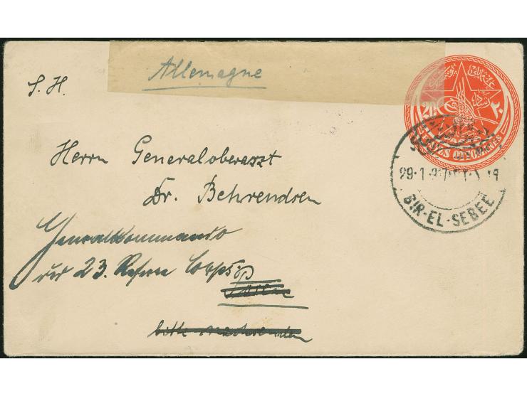 1917, BIR-EL-SEBEE 29.1.917 (Beersheba, Coles-Walker no.108) bilingual cds. clear on Turkey postal stationery envelope 20 par