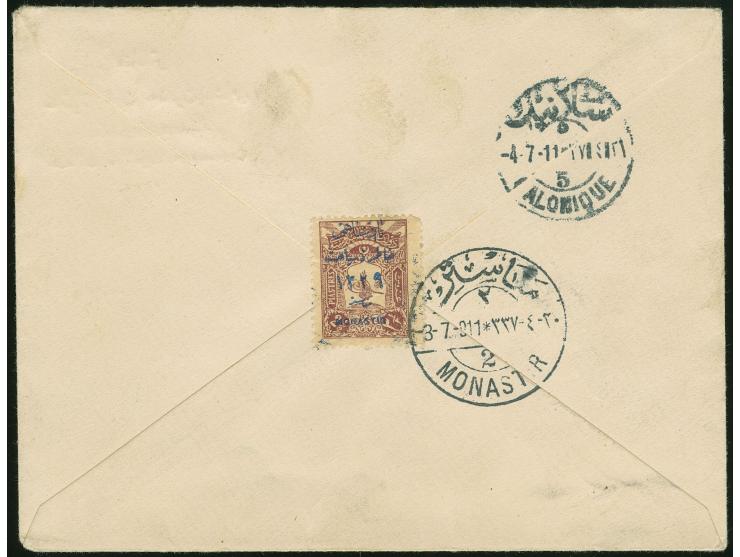 1911, SULTANS VOYAGE 2 ½ pia. deep lilac surcharged "MONASTIR 1329" in blue tied to cover by "MONASTIR 3/7/911" cds. to Salon