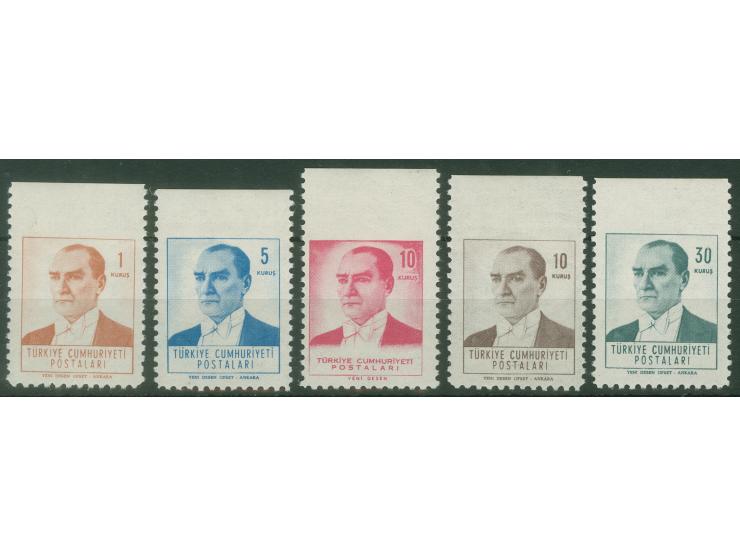 1961, Atatürk set of 5 top margin stamps, all imperf on top, mint never hinged, very fine and scarce varieties.
