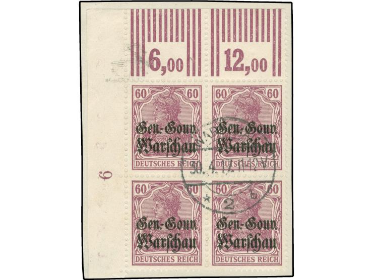 1916/17, Germania 60 Pfg. dunkelgraulila, Viererblock aus der linken oberen Bogenecke im Walzendruck, beide Oberrand-Konfigur