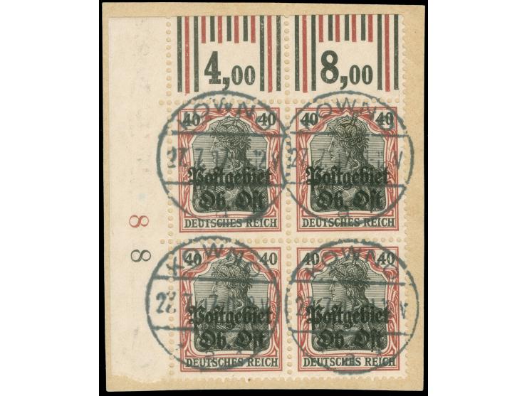 1916, Germania 40 Pfg. rötlichkarmin/schwarz, linker oberer Eckrandviererblock, Walzendruck 1'4'1 / 2'3'2, sauber gestempelt 