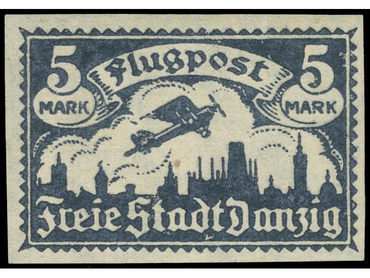 1921, Flugpost 5 M. schwarzultramarin, ungezähnter Probedruck, sauber ungebraucht, tadellos, sign. u. a. Stoye BPP, Kurzbefun
