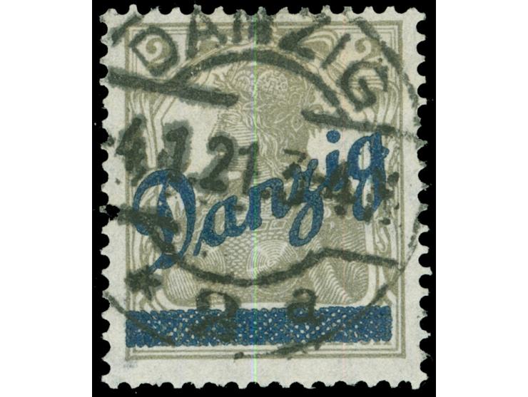 1920, Kleiner Innendienst 2 Pfg. dunkelgelbgrau, sauber gestempelt “DANZIG * 2 a 4.1.21”, zwei kurze Zähne unten, sonst tadel