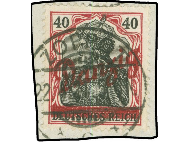 1920, Kleiner Innendienst 40 Pfg. karminrot/schwarz, sauber und zeitgerecht gestempelt “ZOPPOT 22.4.21” auf Briefstück, tadel