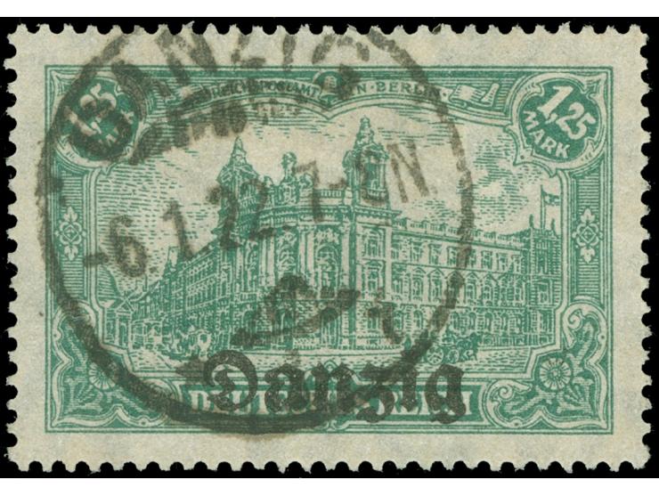 1920, Germania 1,25 M. dunkelbläulichgrün, sauber und zeitgerecht gestempelt “DANZIG 6.1.22”, tadellos, sign. Gruber BPP