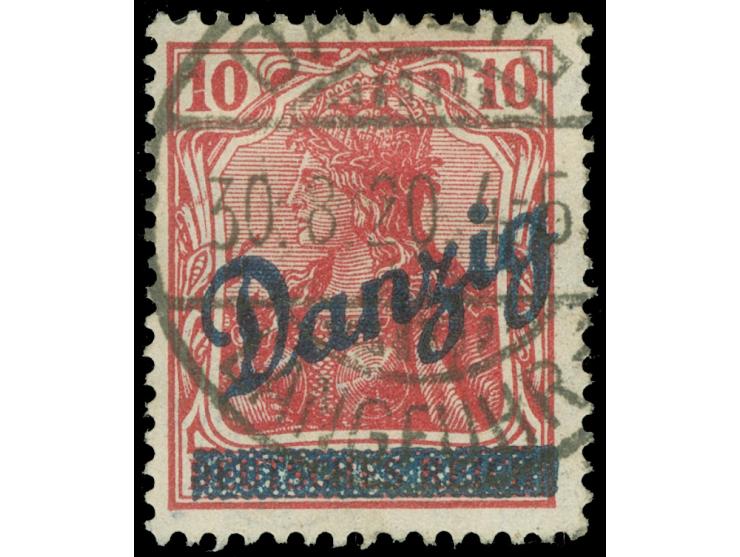 1920, Kleiner Innendienst 10 Pfg. dunkelrosarot, sauber und zeitgerecht gestempelt “DANZIG LANGFUHR 30.3.20”, tadellos, sign.