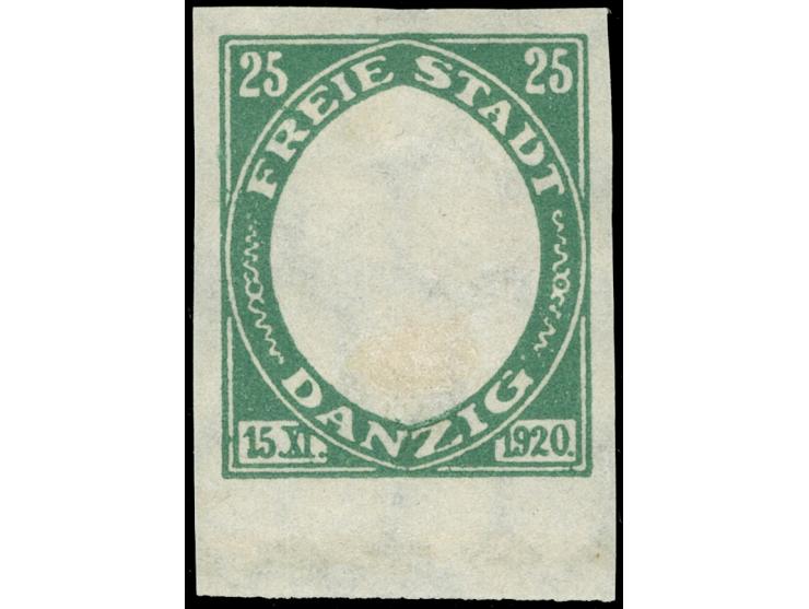 1921, Kogge 25 Pfg., undurchstochener Phasendruck nur des Rahmens in grün, Unterrandstück, postfrisch, tadellos, sign. Kniep 