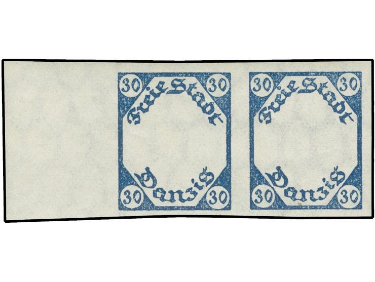 1921, Kleines Staatswappen 30 Pfg., ungezähnter Phasendruck nur des Rahmens in dunkelviolettultramarin, waagerechtes Paar mit