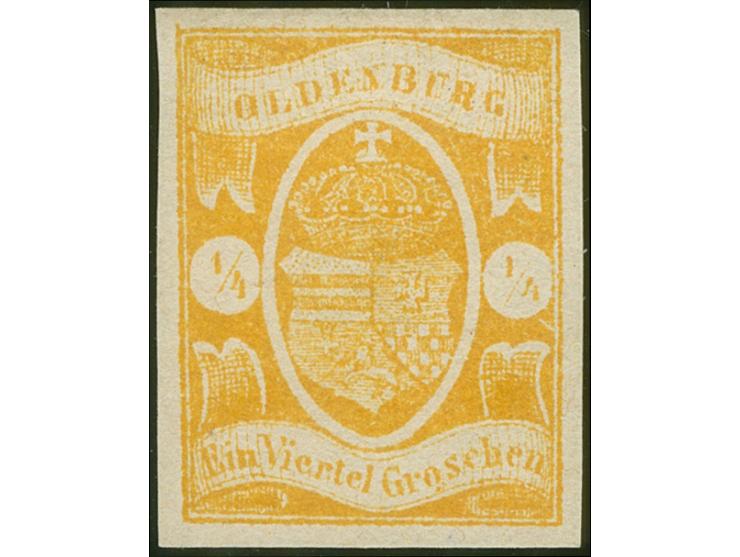 1861, ¼ Gr. dunkelgelborange, farbfrisch und allseits breitrandig, ungebraucht ohne Gummi, in tadelloser Erhaltung, sign. Pfe