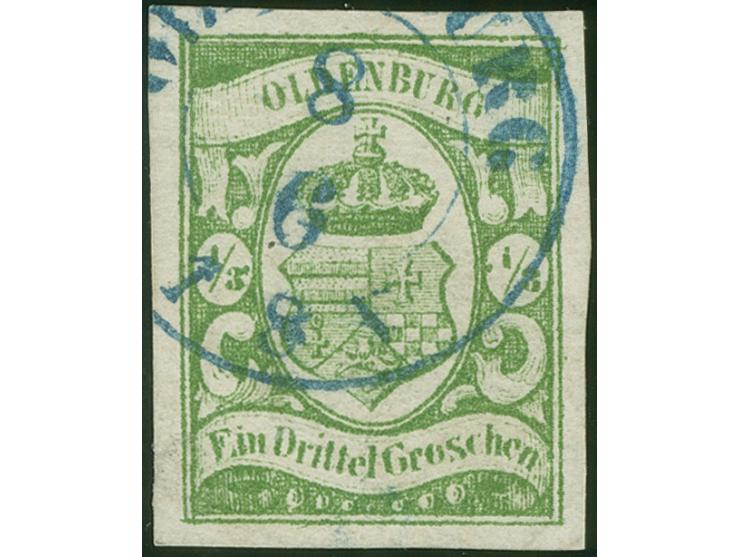 1861, ⅓ Gr. moosgrün, farbfrisch und allseits breitrandig, mit klarem DKr.-Teilstempel “OLDENBURG 8.6.”. Die Marke hat links 