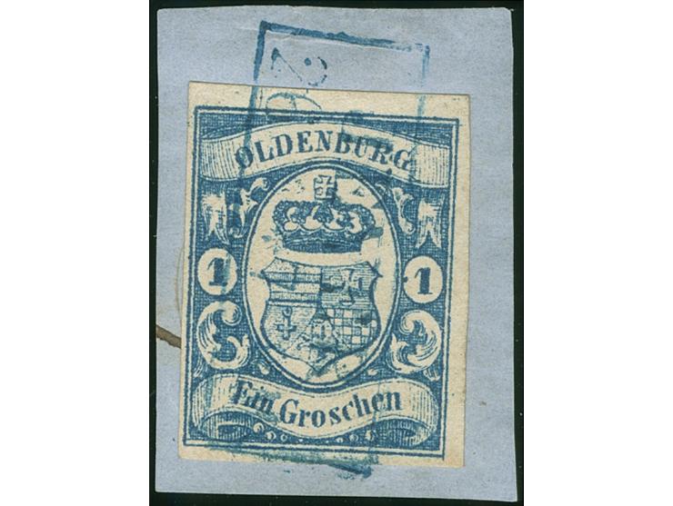 1861, 1 Gr. blau, faaarbfrisch und allseits voll- bis breitrandig mit blauem Rahmenstempel “JEVER” auf Briefstück, in einwand