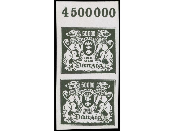 1923, Großes Staatswappen 50000 M., ungezähnter Probedruck in schwarz auf ungummiertem Kreidepapier, senkrechtes Oberrandpaar