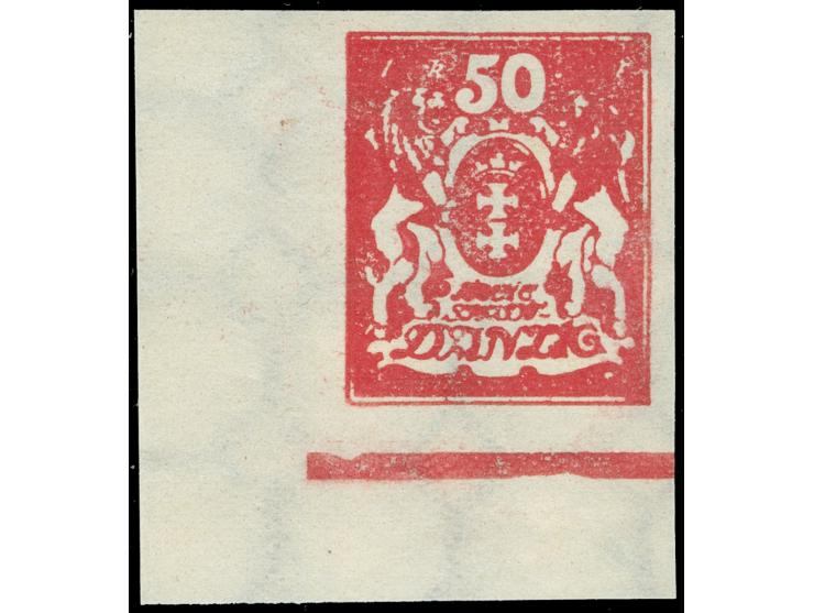 1923, Großes Wappen 50 M., ungezähnter Probedruck ohne Aufdruck, linke untere Bogenecke, sauber ungebraucht, tadellos