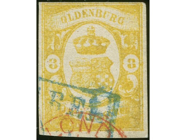 1861, 3 Gr. gelb, farbfrisch, allseits voll- bis breitrandig mit blauem Teilstempel “VAREL” und rotem EKr. “LONDON”, in einwa
