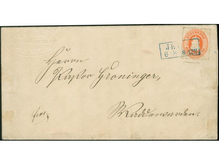 1862, ½&nbsp;Gr. mittelrötlichorange mit Durchstich 11¾, mit blauem Rahmenstempel “JEVER 6.8.(67)” auf kpl. Faltbrief in den 