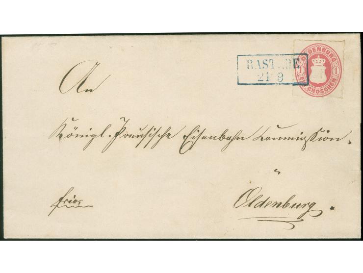 1862, 1 Gr. karmin mit Durchstich 10 und blauem Rahmenstempel “RASTEDE 21.9.” auf Faltbriefhülle nach Oldenburg mit schwarzem