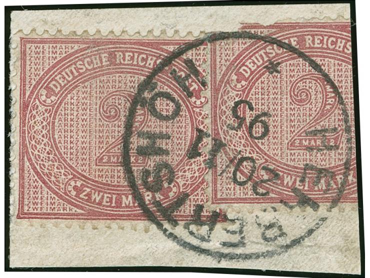 1890/98, 2 M. dunkelrotkarmin, sauber mit EKr. “HERBERTSHÖH 20/11 95” auf Briefstück, überlappend ein defektes Exemplar gekle