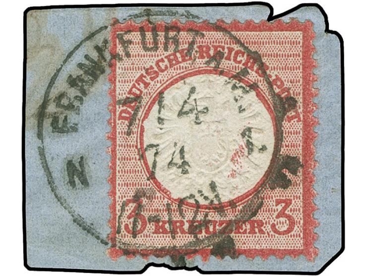 1872, 3 Kr. rotkarmin mit Plattenfehler “Kerbe im Innenkreis unter D in DEUTSCHE, Kerbe im Innenkreis über erstem R in KREUZE
