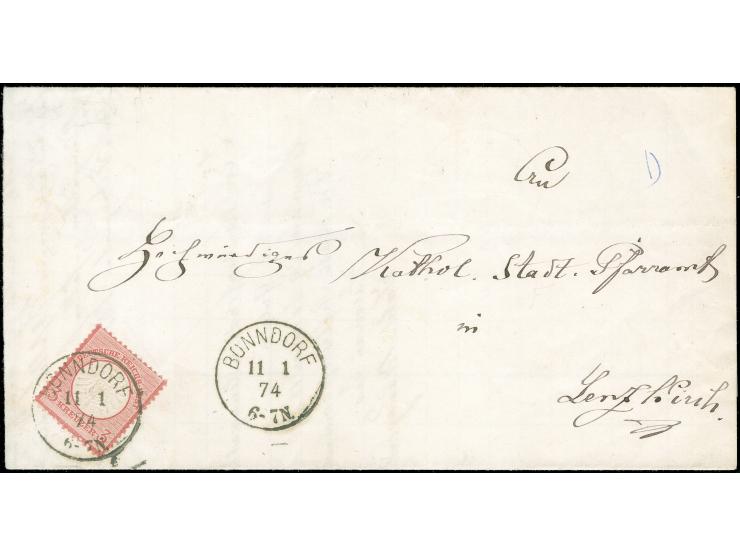 1872, 3 Kr. karmin mit Plattenfehler “helle Striche im Rahmen unten” (Feld 142), mit EKr. “BONDORF 11.1.74” auf innen nicht g