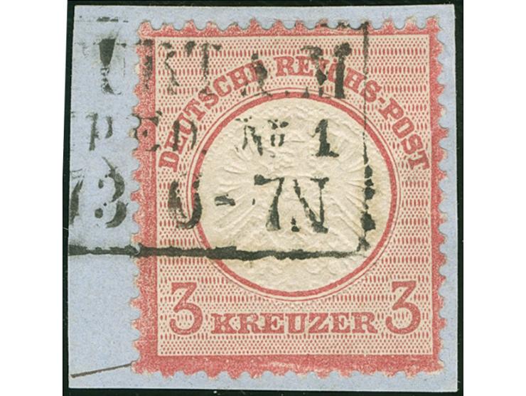 1872, 3 Kr. karmin mit Plattenfehler “gebrochenes C in REICHS-” (Feld 88) und Rahmenstempel “FRANKFURT A.M. POSTEXPED. No. 1…