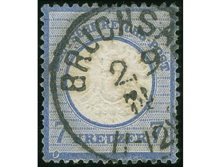 1872, 7 Kr. dunkelgrauultramarin mit Plattenfehler “Rahembruch unter der linken Wertziffer”, klar mit EKr. “BRUCHSAL 2.9.74” 