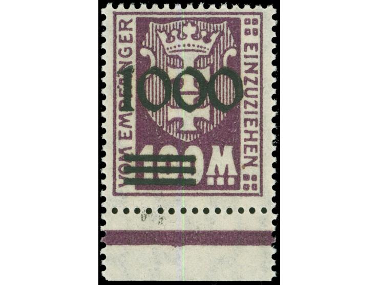 1923, Nicht ausgegebene: Kleines Wappen 1000 auf 100 M., rußiger Aufdruck, Unterrandstück, postfrisch, tadellos, Eigentumszei