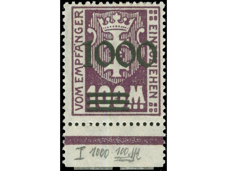 1923, Nicht ausgegeben: Kleines Wappen 1000 auf 100 M., glänzender Aufdruck, Unterrandstück, sauber ungebraucht, tadellos, Fo