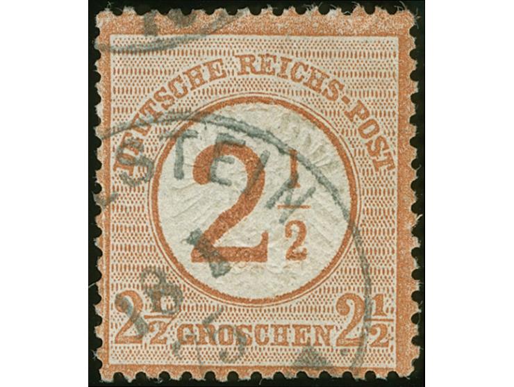 1874, 2½ auf 2½ Gr. braunorange mit Plattenfehler “Strich an der linken kleinen Wertziffer 2"” (Feld 38), mit Teilstempel “…S
