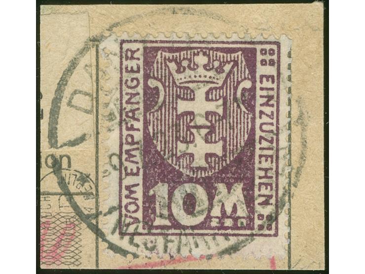 1923, Kleines Wappen 10 M., stehendes Wasserzeichen, sauber und zeitgerecht gestempelt “DANZIG -9.7.23” auf Briefstück, tadel