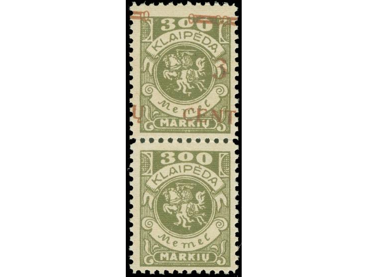 1923, Freimarke 3 C. auf 300 M. oliv, senkrechtes Paar ohne Aufdruck auf der unteren Marke, postfrisch, in der Zähnung vorgef