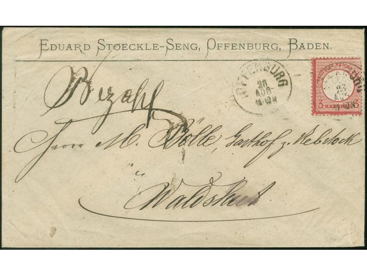 1872, 3 Kr. karmin mit Plattenfehler “helle Striche im Rahmen unten bis zum ersten R in KREUZER” (Feld 144), mit EKr. “OFFENB