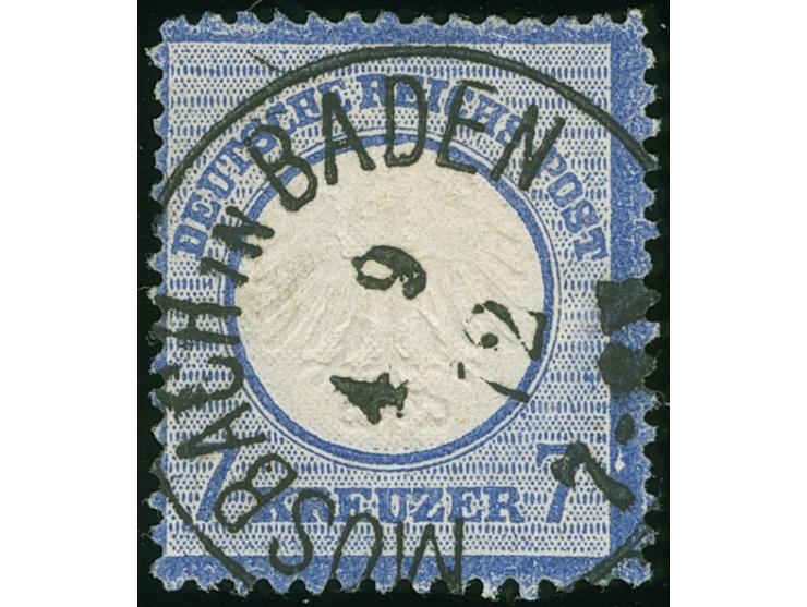 1872, 7 Kr. ultramarin mit Plattenfehler “Kerbe im Innenkreis rechts unter E in REICHS”, mit klarem EKr. “MOSBACH IN BADEN 4.