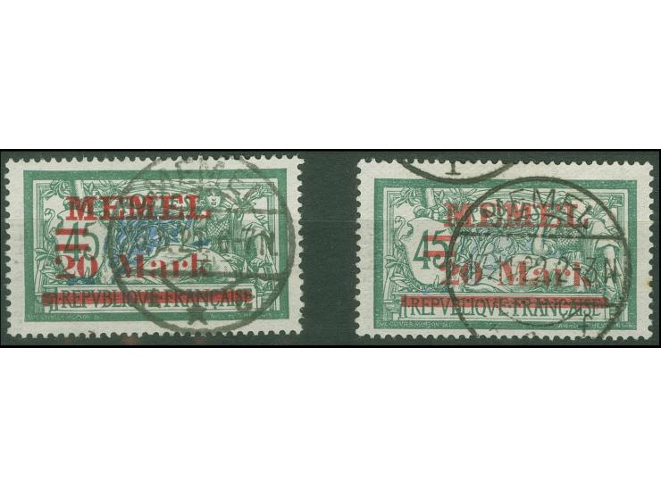 1921, Freimarke 20 m. auf 45 C. dunkelgrün/grauultramarin, Aufdruck Type I und II, je Aufdruckfehler “weiter Abstand zwischen