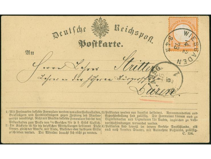 1872, ½ Gr. orange mit Plattenfehler “Farbstrich vom Außenkreis zum H in DEUTSCHE”, mit klarem EKr. “WIESBADEN 14.2.73” auf o