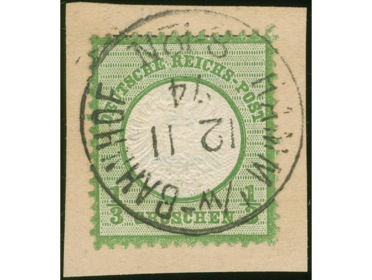 1872, ⅓ Gr. gelblichgrün mit Plattenfehler “heller Fleck im oberen Rahmen über C in REICHS” (Feld 51), mit klarem EKr. “HAMM 
