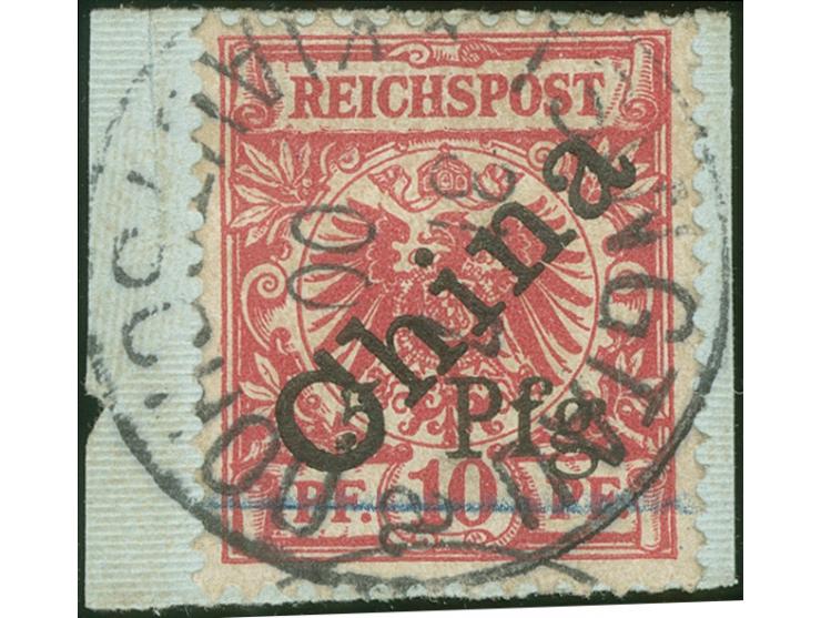 1900, 5 Pfg. auf Diagonalaufdruck 10 Pfg., Aufdrucktype 4, sauber zentrisch gestempelt auf kleinem Briefstück, einwandfrei, s