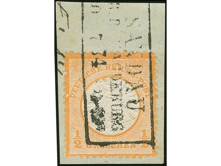 1872, ½ Gr. orange mit Plattenfehler “heller Fleck im Rahmen links in Höhe vin SC in DEUTSCHE und heller Fleck in Höhe von D 