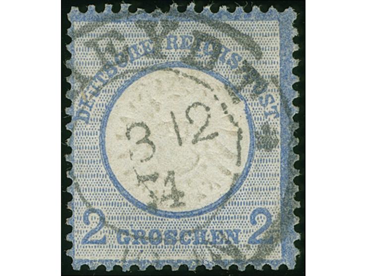 1872, 2 Gr. grauultramarin mit Plattenfehler “Kerbe im Innenkreis unter OS in POST” (Fedl 83), mit DKr. “RHEYDT 3.12.74”. Die