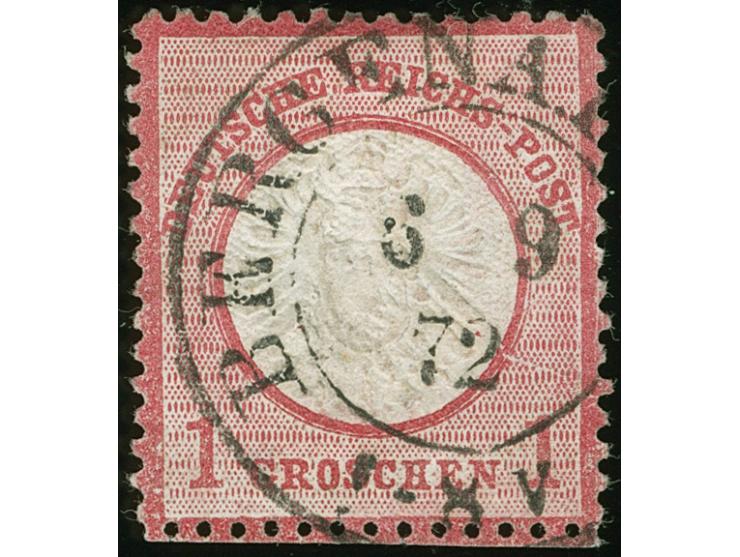 1872, 1 Gr. karmin mit Plattenfehler “Plattenbruch rechts oberhalb der 12. Strichleiste”, mit klarem DKr. “BERGEN A. (RÜGEN) 