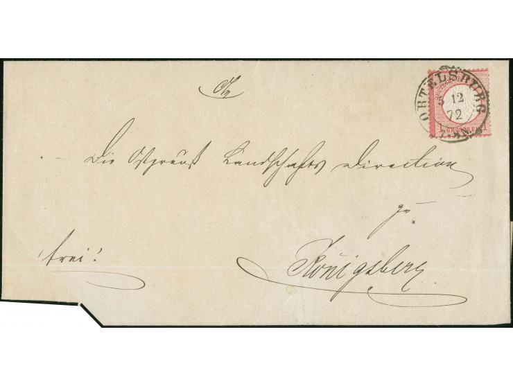 1872, 1 Gr. karmin mit Plattenfehler “Kreisbrüche unter CHE in DEUTSCHE” (Feld 2), mit klarem DKr. “ORTELSBURG 5.12.72” auf F