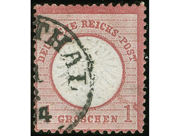 1872, 1 Gr. karmin mit Plattenfehler “Schräger Farbstreifen über der rechten Wertziffer”, mit Teilstempel “…THAL…74”. Die far